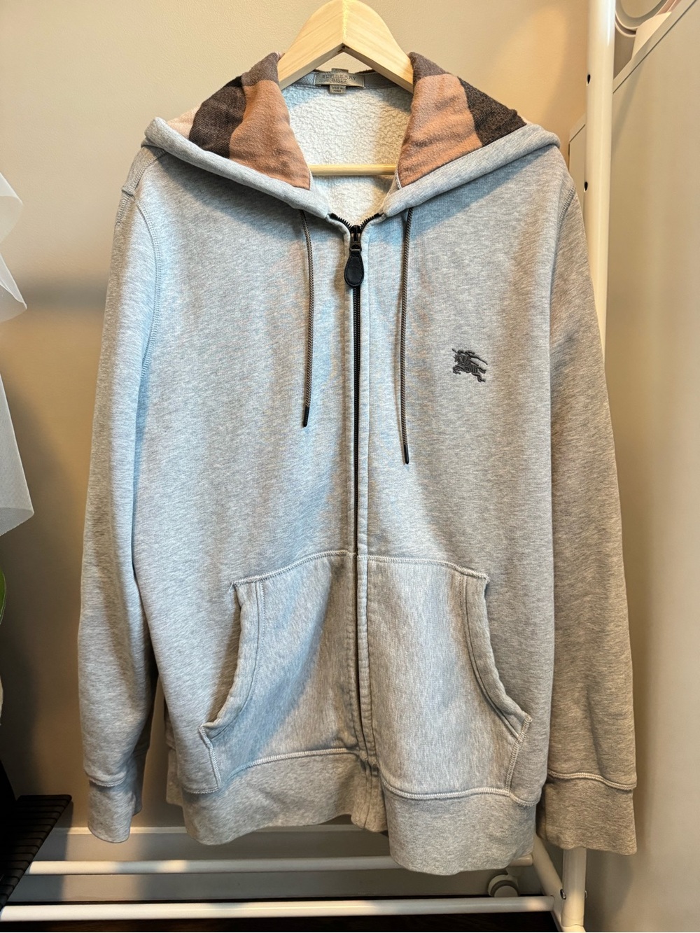 Burberry Light Gray Zip-Up Hoodie with Brown & Tan Hood Lining